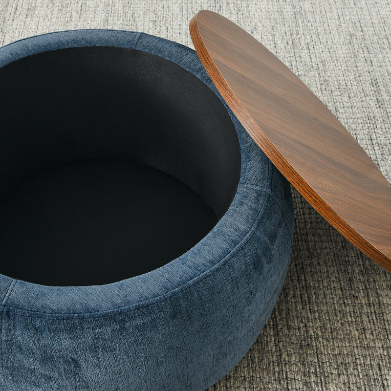 Repose-pieds rond avec rangement, fonction 2 en 1, table de bout et repose-pieds, avec petit siège, bleu foncé (25 po x 25 po x 14,7 po)