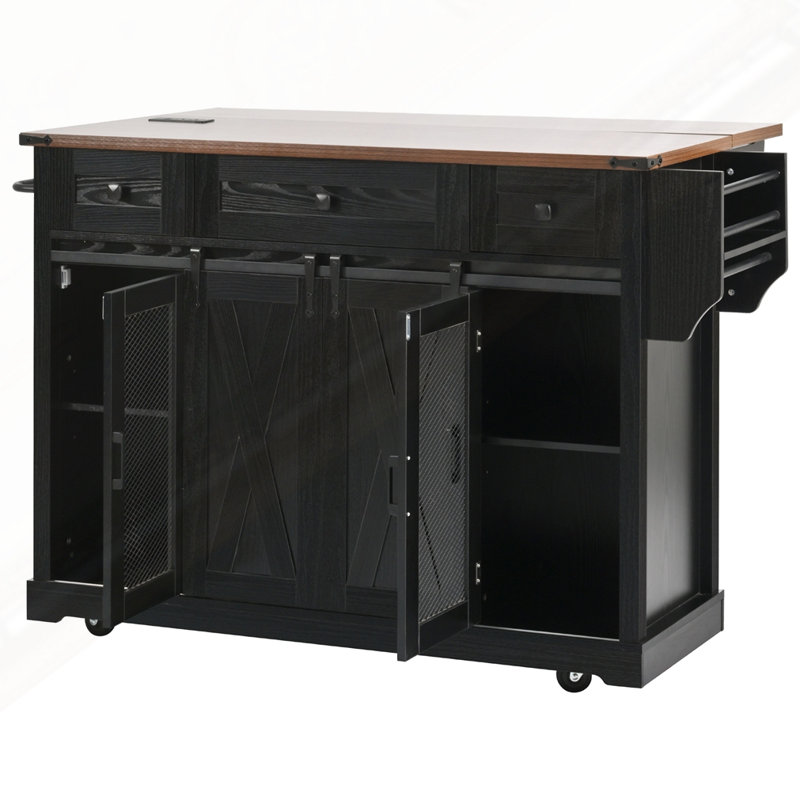 Farmhouse Kitchen Island With Storage, Black