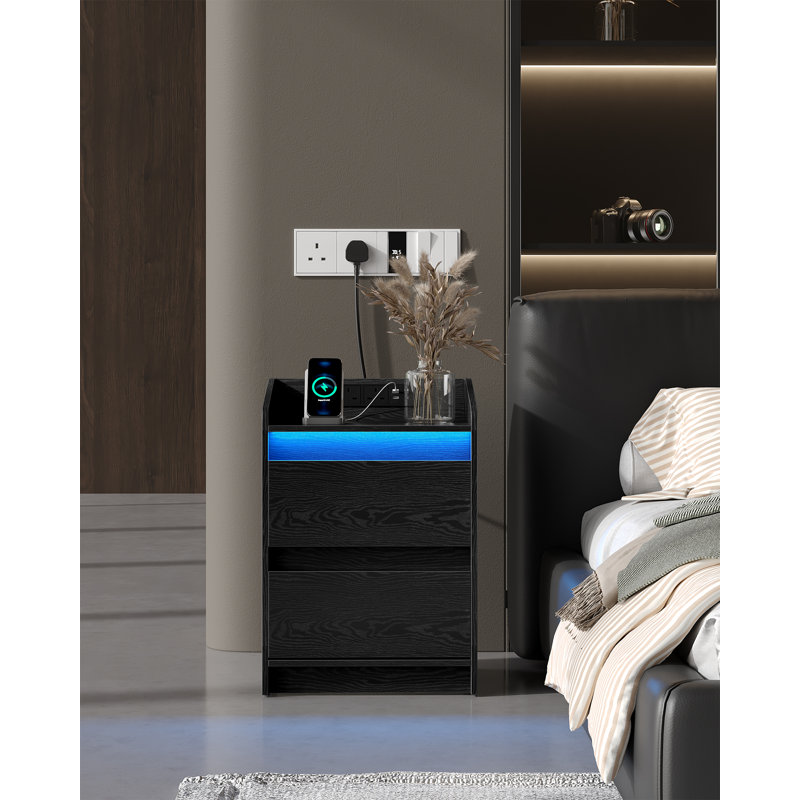 Bedside Table with LED Lights, Bedside Cabinet with Charging Station and 2 Drawers, Nightstand with USB Ports & Power Outlet, Nightstand for Living Room and Bedroom, White/Black