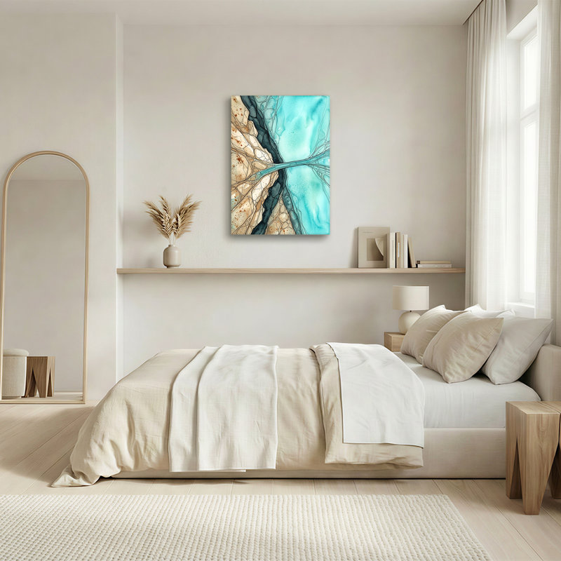Aquarelle sur toile bleu sarcelle et beige, 36"H x 24"W