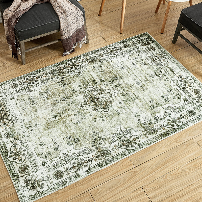 Royalton Non-Slip Machine Washable Oriental Indoor Area Rug in Green/Beige/Cream, Rectangle 3' x 5'