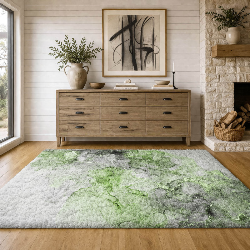 Premium Machine Washable Dream Shag ADS520 Watercolors Rug, Green, 5' x 7'6"