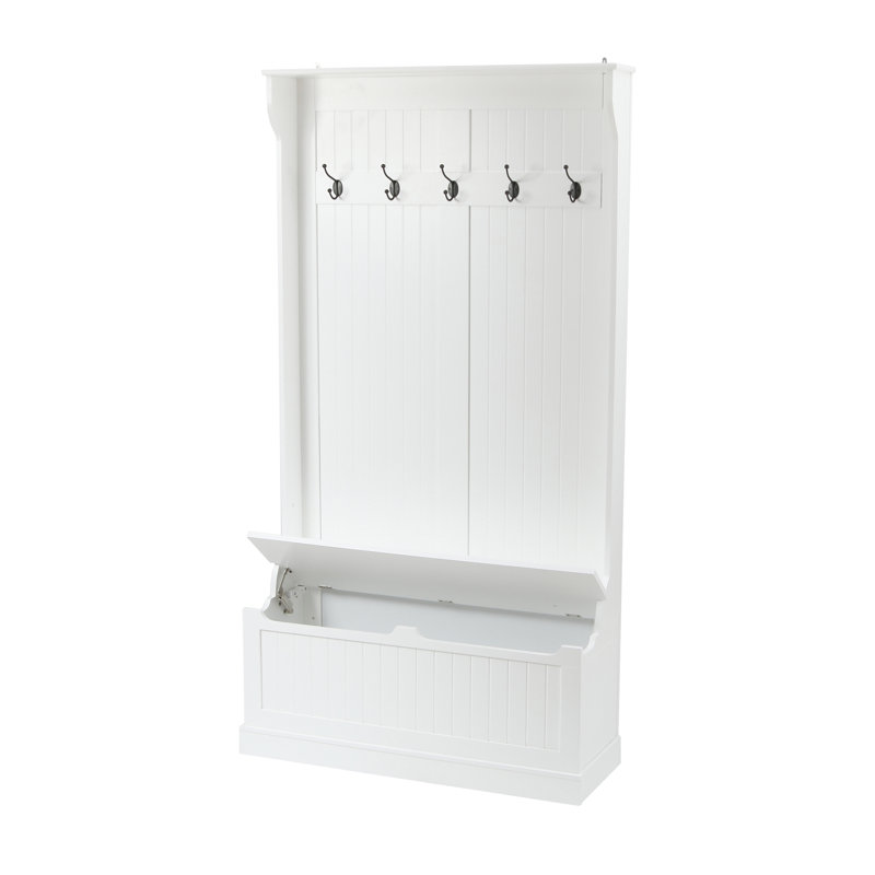 Bright White MDF Hall Tree with Storage Bench and Coat Hooks