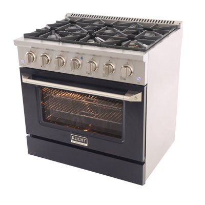 KUCHT Professional 36 po 5,2 pieds cubes Cuisinière à double combustible pour gaz propane avec brûleurs scellés et four à convection en acier inoxydable avec porte de four noire