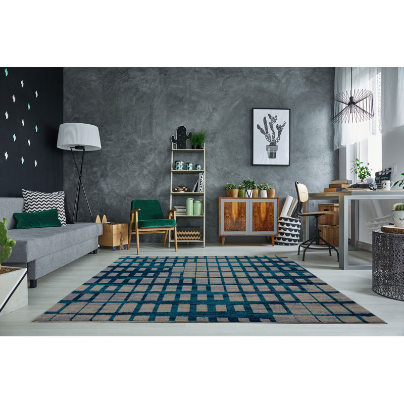 Tapis géométrique gris / bleu Pinheiro, Rectangle 5 pi 2 po x 7 pi 5 po