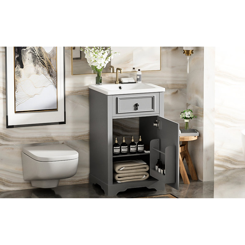 Meuble-lavabo de 20 po avec lavabo en céramique, porte à fermeture en douceur et rangement intelligent pour une petite accessibilité