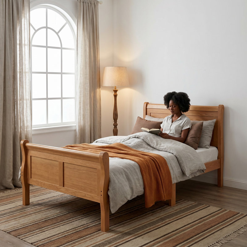 Lit plateforme simple en bois avec tête de lit intégrée et support de lattes en bois (ton chêne), Lit simple, Oak