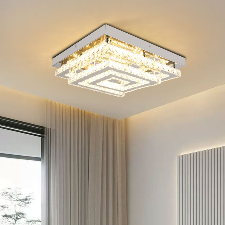 17.71" Modern Square Crystal Infinitely Dimmable Ceiling Light With Remote Control