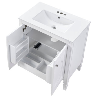 30" No Assembly Needed Vintage White Bathroom Vanity With Ceramic Sink,Two Soft-Close Doors & Adjustable Shelf,Modern Farmhouse Style