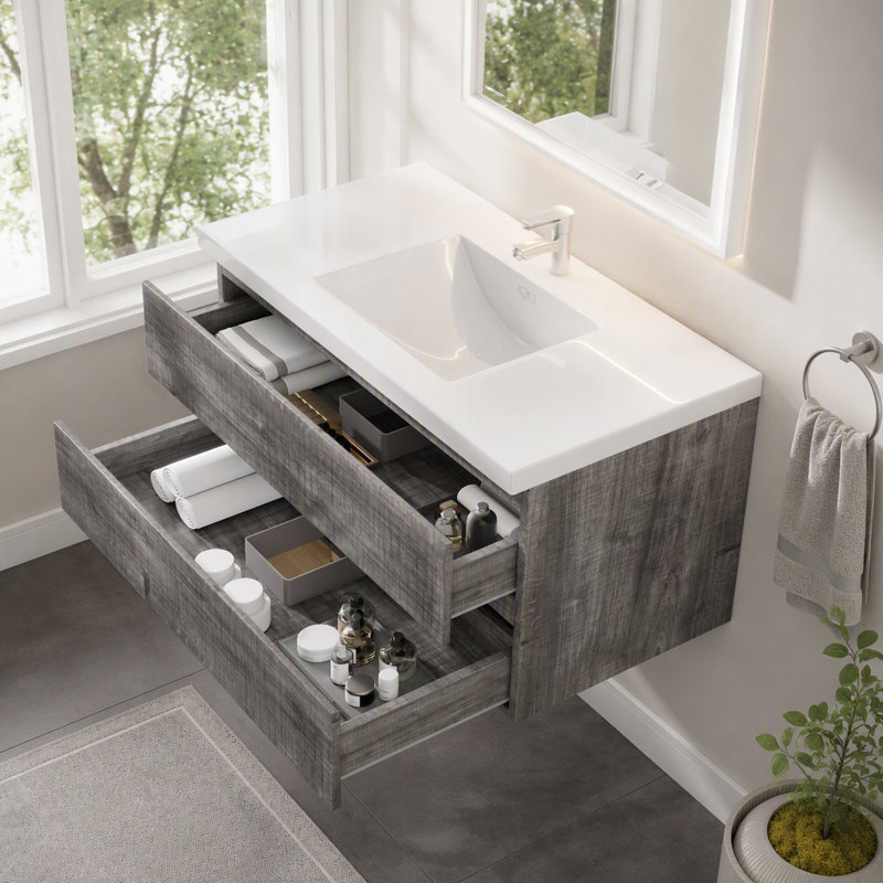 Meuble-lavabo suspendu de 91 cm avec lavabo, armoire murale en contreplaqué, tiroir à fermeture amortie, lavabo en céramique antidébordement