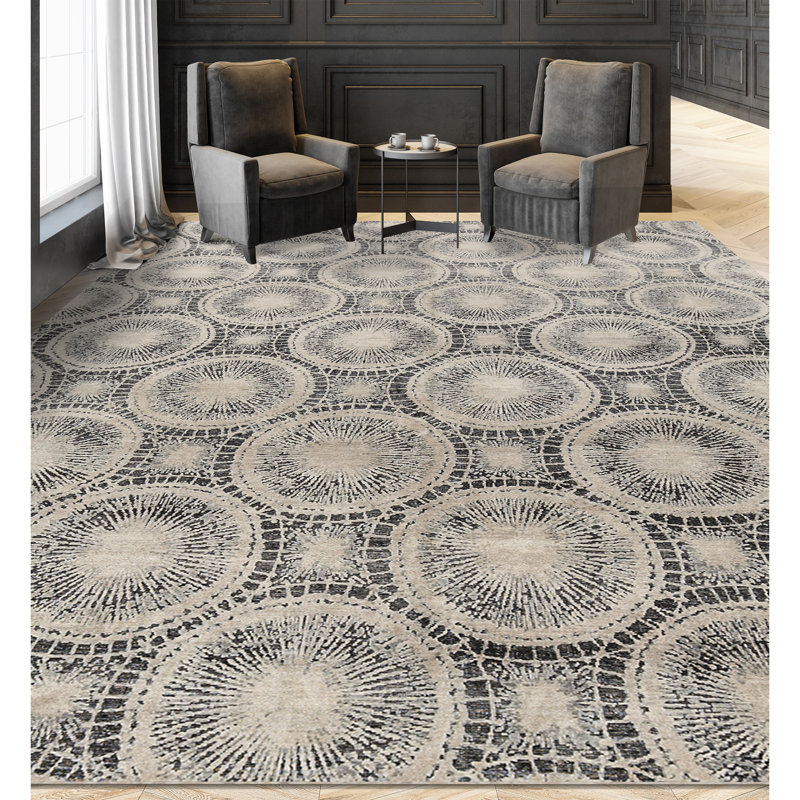 Tapis noir et ivoire de haute qualité noué à la main