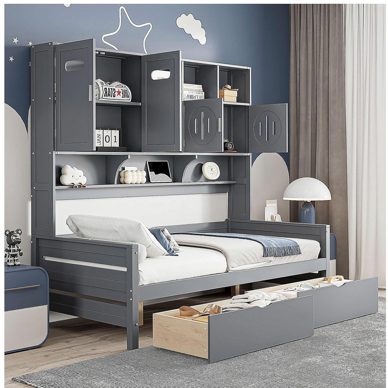 Un lit japonais en bois avec tiroirs et garde-robe intégré, Lit simple, Gris