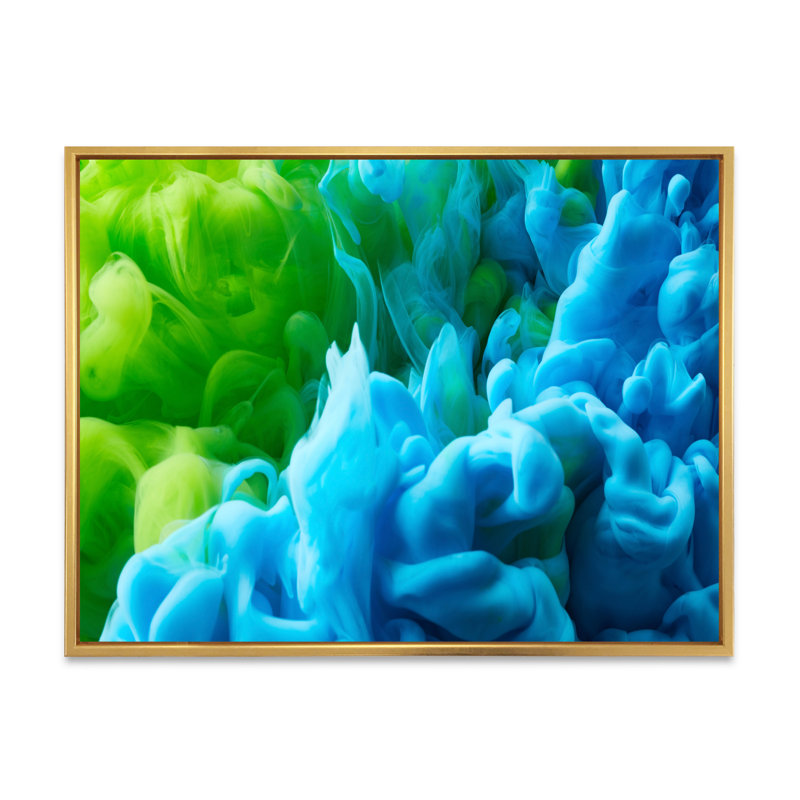 Art à l'encre bleue et verte - art moderne sur toile, H 8 po x l 12 po x P 1,5 po, Cadre flottant doré