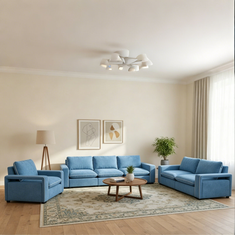 Ensemble de salon à accoudoirs carrés en chenille bleue (canapé, causeuse et fauteuil), Bleu