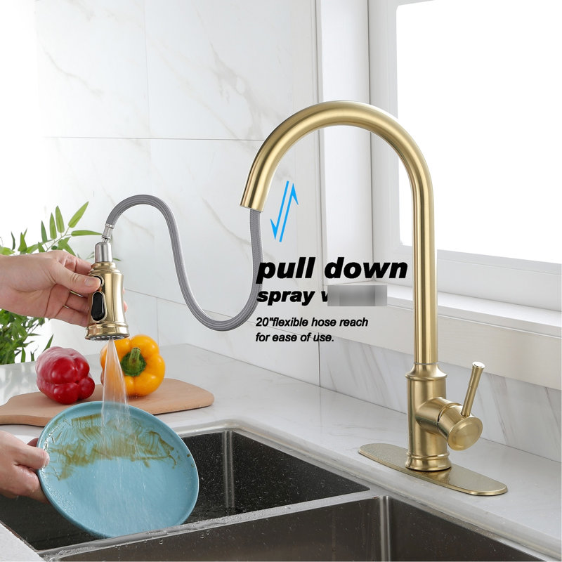 Pull Down Touch Kitchen Faucet, Brushed Gold Finish, High - Arc Nozzle With 360 Rotation, Single Lever For Water Control, Rust Surface Finish Faucet Feature And , On Stainless Steel, Rotating