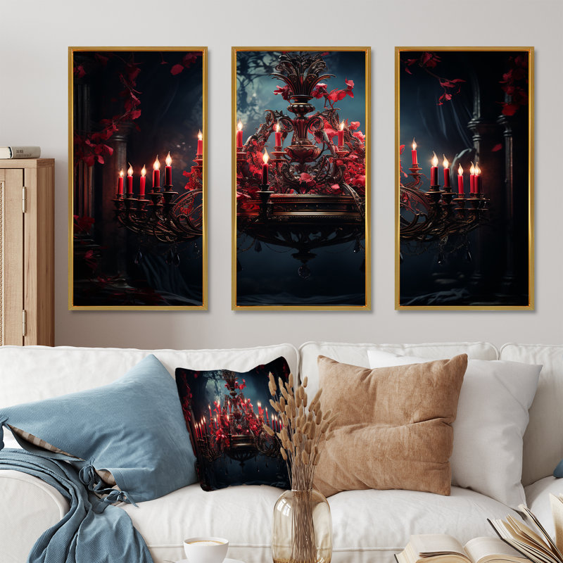 Lustre rouge gothique Grace - art mural lustre, Cadre flottant doré, H 28 po x l 36 po x P 1 po
