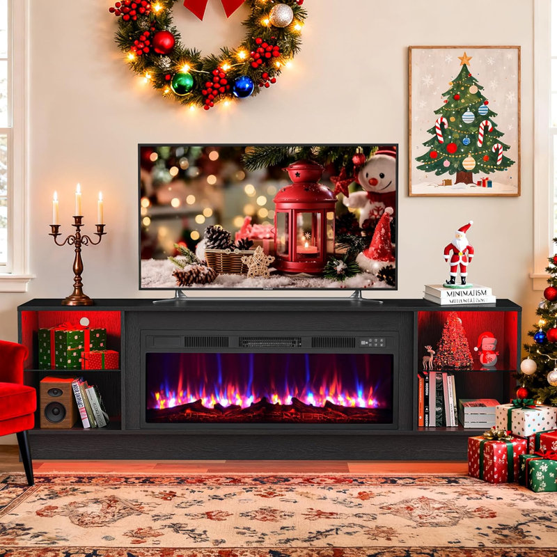 70" Modern Contemporary TV Stand With 38" Electric Fireplace, LED Lights, Storage Cabinets & Shelves