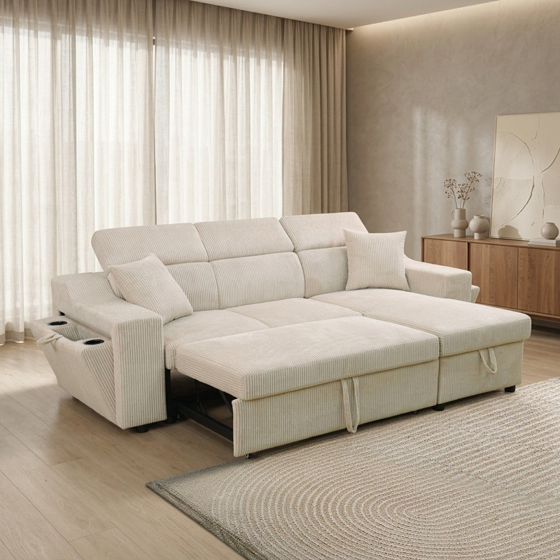 Ensemble de canapé extensible 3 pièces en velours côtelé blanc cassé pour le salon