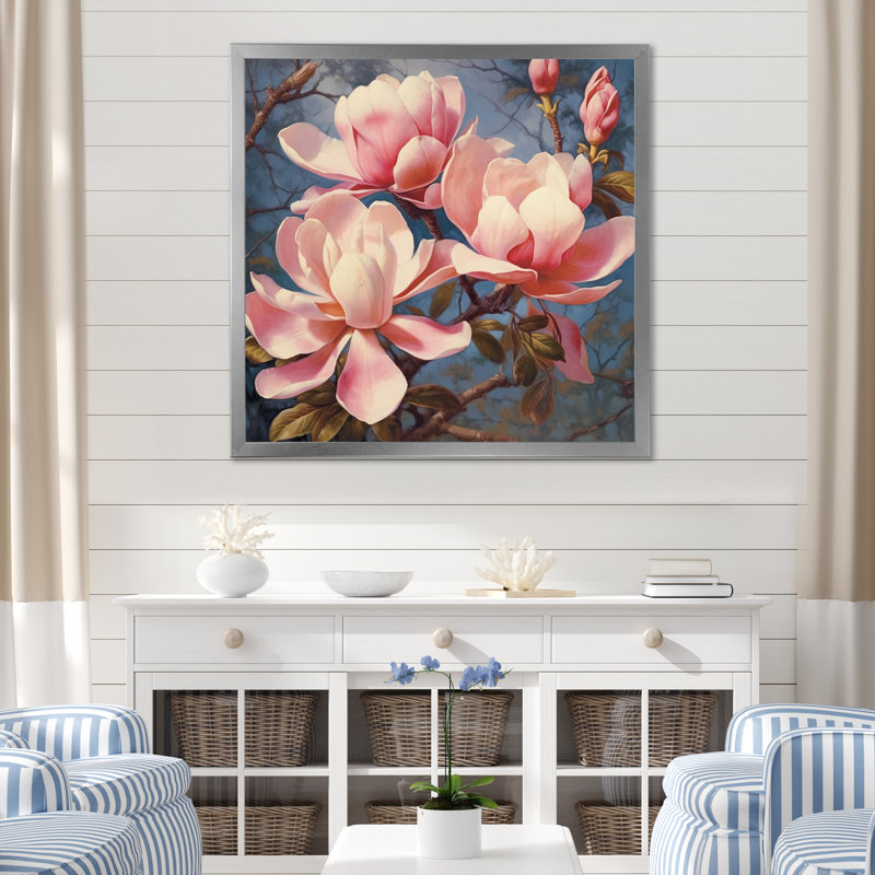 «Pink White Magnolias Elegance Landscape» sur toile, Cadre simple argenté, H 24 po x l 24 po x P 1 po