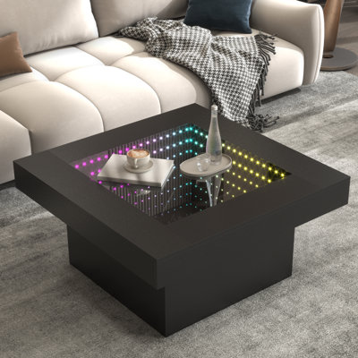 31.5'' Square Led Infinity Mirror Coffee Table With Smoked Tempered Glass Top, Rgb App & Remote Control Lighting, Hidden Display Storage, Modern White Coffee Table For Living Room