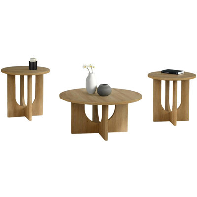 3pc Table In Contemporary Design With 1 Round Coffee And 2 End Tables Having Cross Arch Base Natural Color For Primary Living Decor Plan 3 - Piece Fea