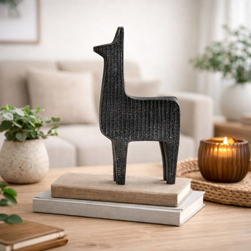 Black Ribbed Llama Sculpture – Contemporary Aluminum Table Décor Animal Figurine | 6" x 8"