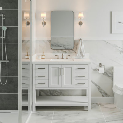 ARIEL Moille 42" Single Bathroom Vanity in White, with 1.5 Carrara White Quartz Top, Rectangle Sink