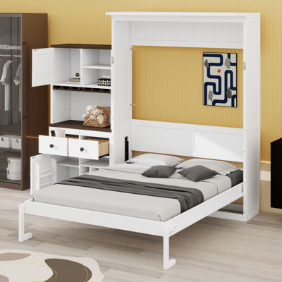 Lit escamotable avec armoire de rangement, support à vin, tiroirs et DEL