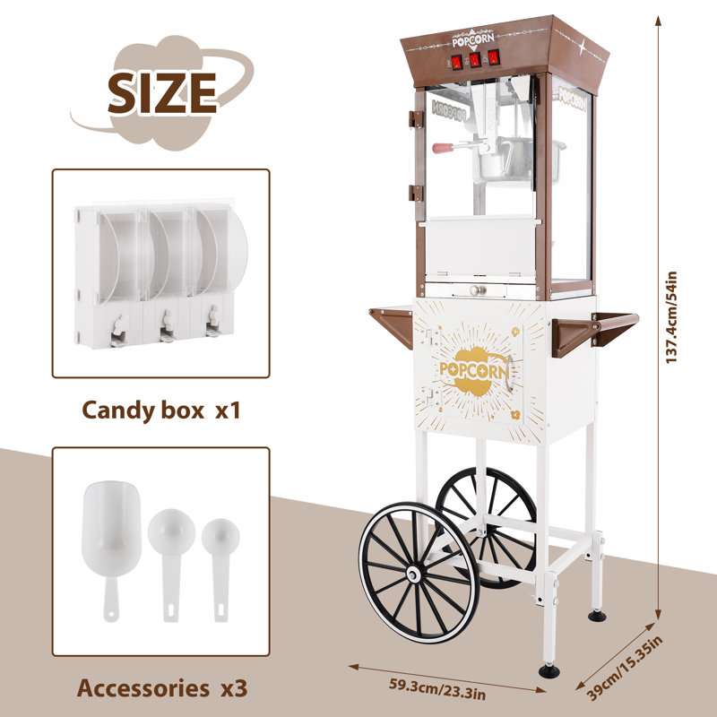 Vintage 12 Oz. Professional Popcorn Machine With Concession Cart, 54 Inches Tall, Makes 50 Cups Of Popcorn, Including Measuring Cup, Scoop And Serving Cups