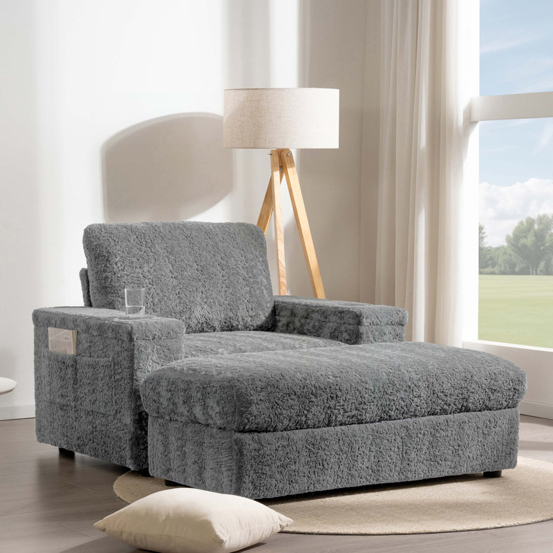 Fauteuil rembourré avec repose-pieds avec rangement et accoudoirs, porte-gobelets, Fausse fourrure grise