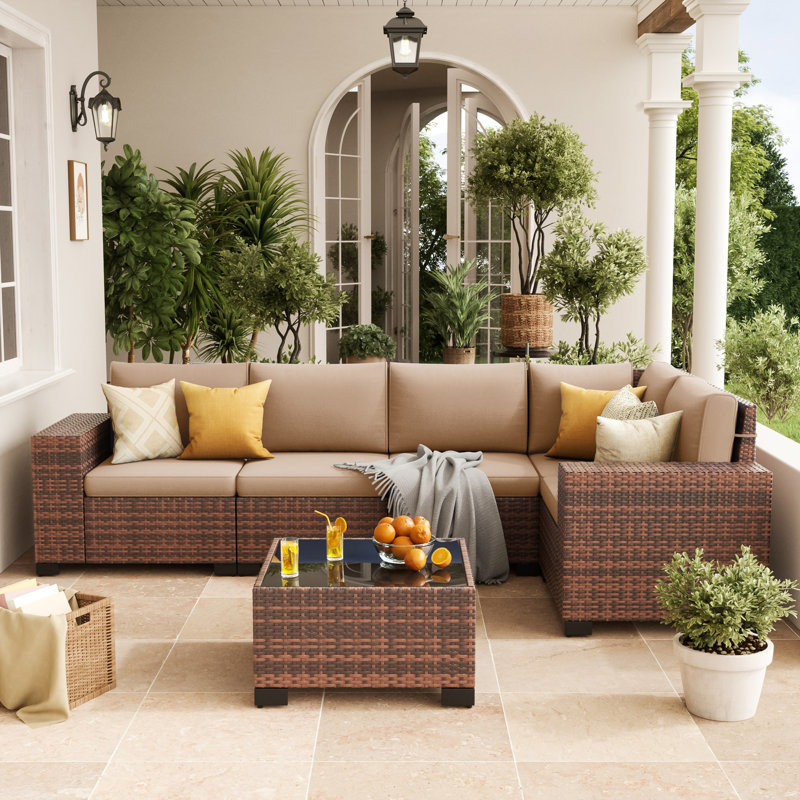 5 - Person Wicker Outdoor Modular Sectional Seating Group with Cushions, Beige Cushion/Brown Frame, 6 Pcs: Table, 5 Chairs