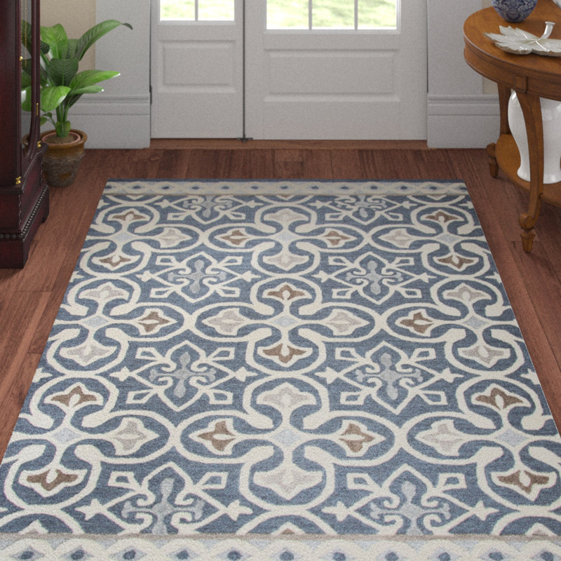 Tapis bleu / gris en laine touffeté à la main à motif géométrique Claudelle, Rectangle 9 pi x 12 pi