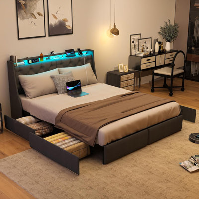 Oneita Upholstered LED Bed Frame with 4 Drawers, Bed with Storage Headboard and Charging Station