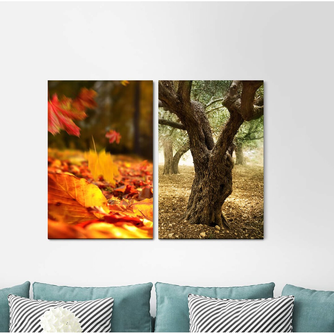 2-tlg. Leinwandbilder-Set - Grafikdruck „Autumn Forest Golden Leaves Old Tree Forest Floor Cozy Foliage”