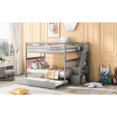 Gray Full Over Bunk Bed With Trundle & Staircase - Pine Construction, 3 Beds , Storage Boxes, Protected Climb Steps, Simple Assembly Offered Construction Wood And , 31 Design, Ample Storage, Secure