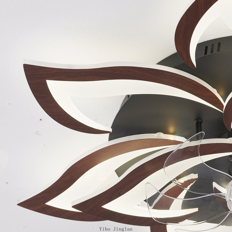 Ventilateur de plafond géométrique à 10 têtes, 81 cm (32 pouces), couleur bois, avec télécommande et montage encastré discret.