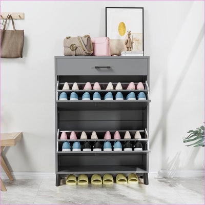 Range-chaussures, organisateur de hall d'entrée autoportant gris ardoise avec 2 tiroirs rabattables | Contemporain | Bois aggloméré