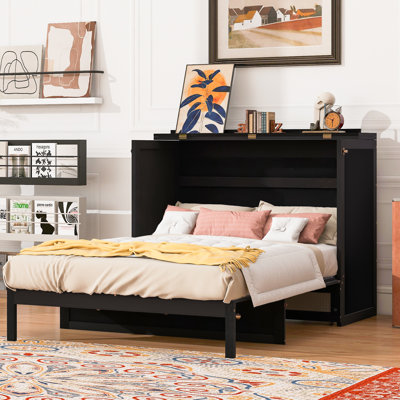 Full Size Murphy Bed with Large Storage Drawers, Space-Saving Cabinet Bed, Rattan Design, 450 lbs Capacity,Espresso