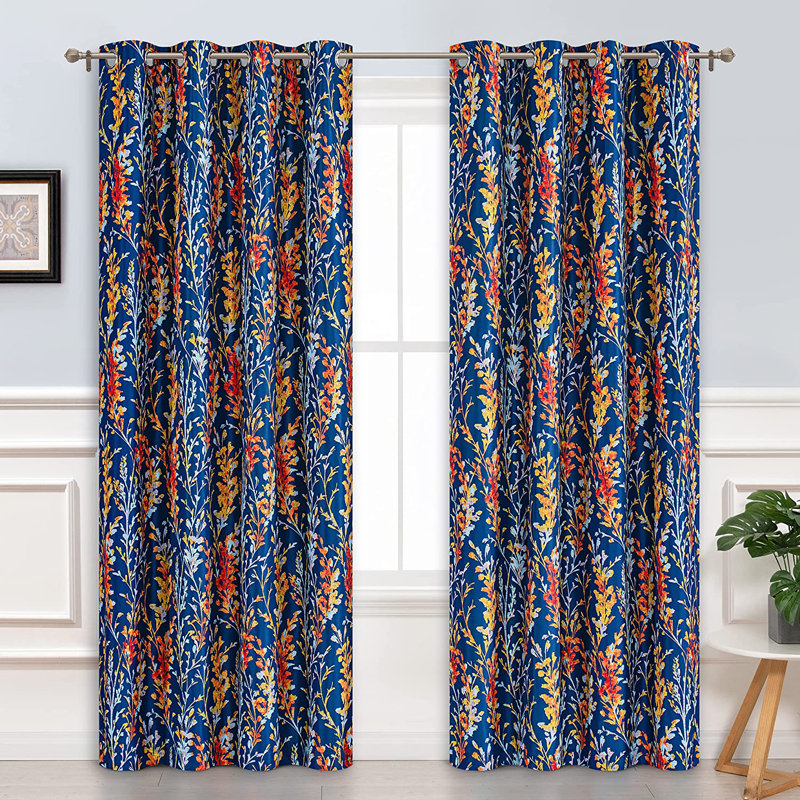 Rideau doublé à motif floral Rawlins, Bleu marine / rouille dorée