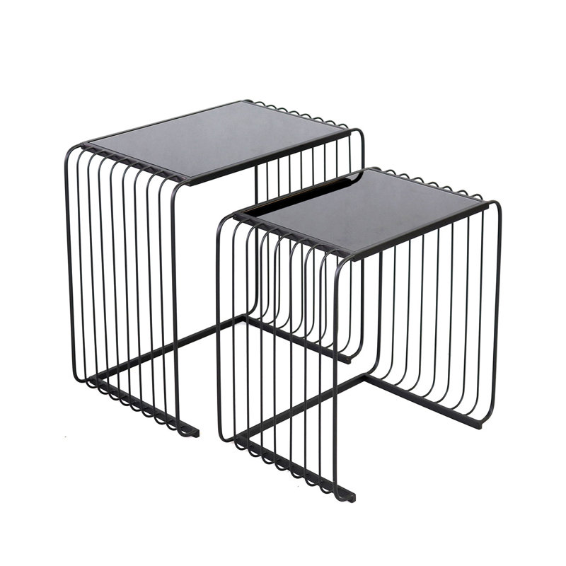 Metal Black Nesting Table For Living Room Furniture, Nest of Tables with Glass Top, End Table