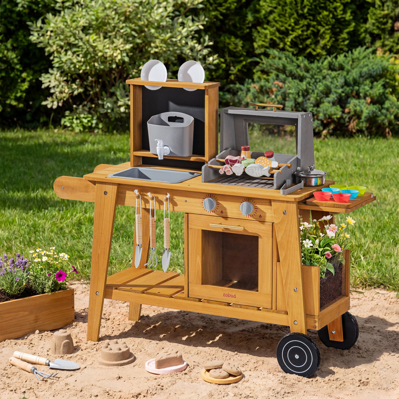 Cuisine de jeu de construction en terre battue avec barbecue et tapis roulant pour enfants
