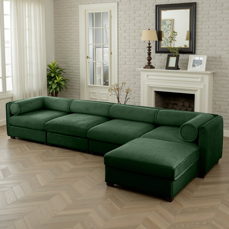 Ensemble de 4 canapés modulaires de luxe - revêtement en chenille, repose-pieds de rangement, dossier cylindrique