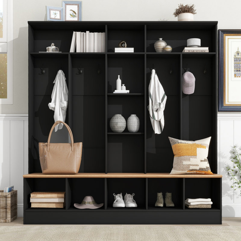 Wide Design Hall Tree With Storage Bench, Shoe Cabinet, Shelves And 8 Hooks, Black
