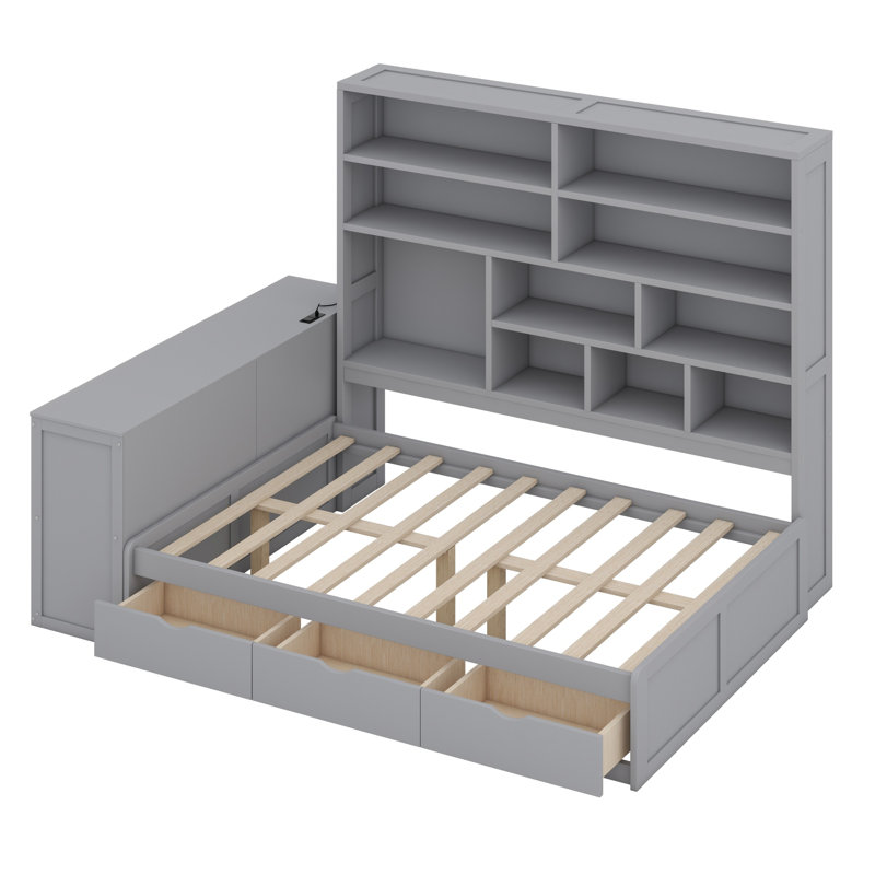 Lit de jour en bois avec trois tiroirs, bureau, tablettes et lumières, Gris