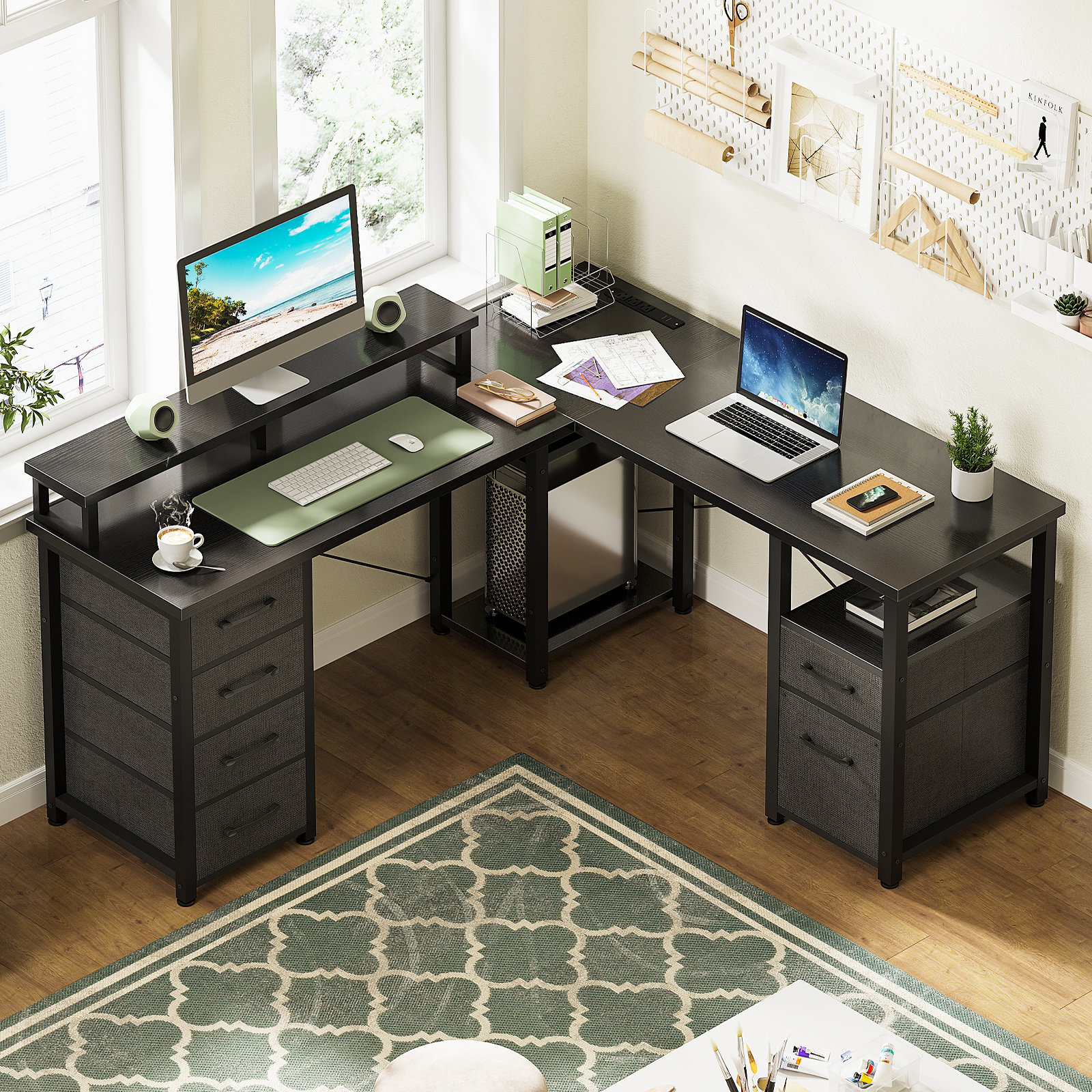 Elverton L-Shaped Gaming Desk with Built in Outlets Latitude Run, image size:1600x1600