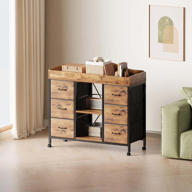 Commode 6 tiroirs avec plateau à langer, Rustic Brown