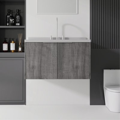 Meuble-lavabo flottant 36 po avec lavabo, porte à fermeture douce, comptoir et dosseret en granite blanc cultivé de 2 po, contreplaqué