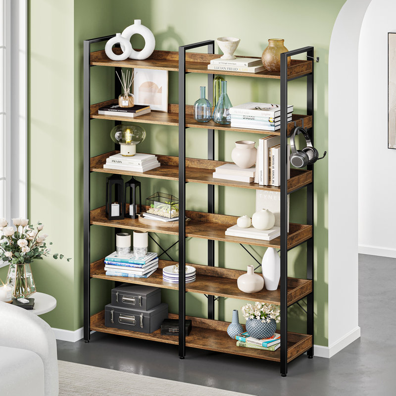 Bookshelf 6 Tier with 4 Hooks and fence, etagere bookcase with Open Shelves, Black/Brown