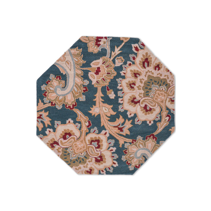 Akain Hand Tufted Wool Eco-Friendly Area Rugs - Octagon, Blue Color, Floral Modern Design, High Pile Thick Handmade Anti Skid Area Rugs for Living Room, Bed Room