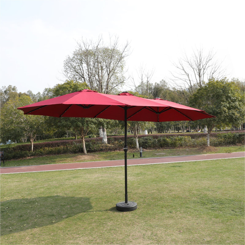 Grand parasol rectangulaire double 15 x 9 pi pour l'extérieur avec lumière et base, Rouge